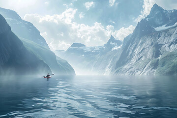 A person enjoys a tranquil kayak ride on calm waters, surrounded by nature's beauty and serenity.