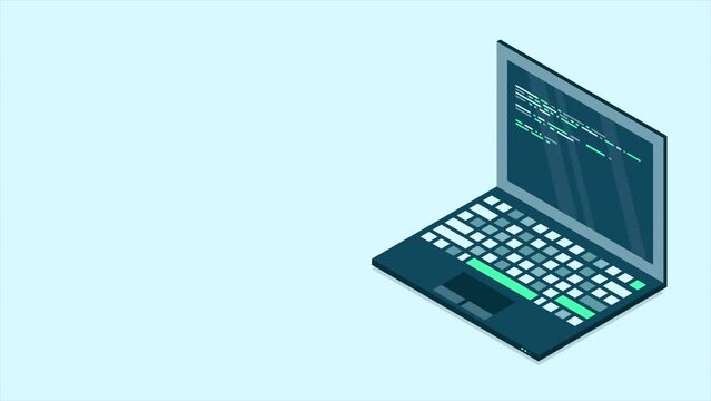 Isometric laptop animation. 3d isometric laptop computer. Abstract programming language and program code on a laptop screen. 4K video animated in isometric style