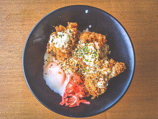 Nanban Chicken Rice Bowl with onsen half boiled egg and pickled ginger