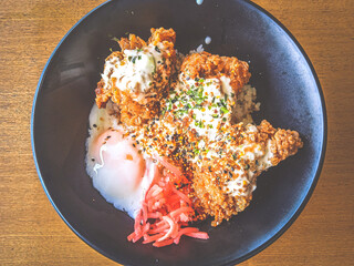 Nanban Chicken Rice Bowl with onsen half boiled egg and pickled ginger