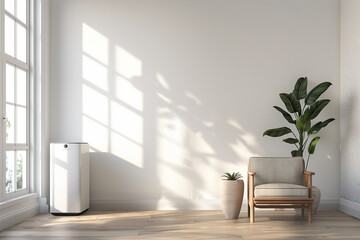 Visualize the effectiveness of an air purifier in a living room through a detailed 3D render against a white wall room