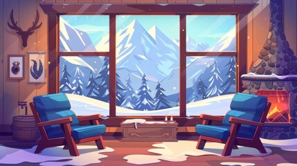 An interior of a chalet house with a fireplace and mountains behind the window. Modern illustration depicting chairs and horns in a mountain cabin living room.