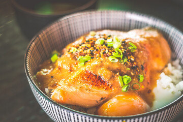 Aburi Grilled Salmon Rice  Bowl Spicy Miso Sauce with onsen half boiled egg