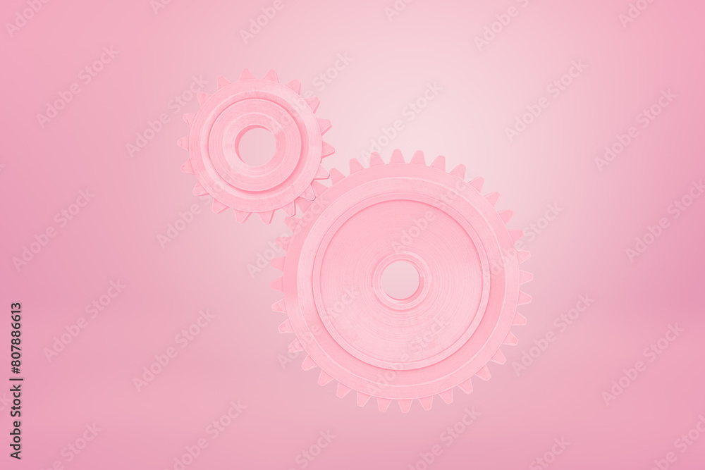 Poster 3d close-up rendering of two pink cogwheels floating on pink background.