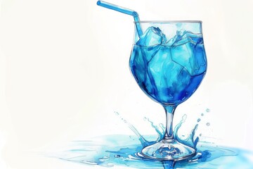 Blue cocktail in a glass with ice and a straw, refreshing summer drink, watercolor illustration, isolated background. 