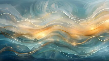 Whimsical ocean waves painting with teal gold swirls for childrens book. Concept Ocean Waves, Children's Book, Whimsical Art, Teal Gold Swirls, Painting - Powered by Adobe