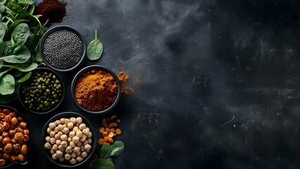 Vegetarian Protein Sources From Above on Dark Background with Space for Text. Concept Vegetarian Protein, Dark Background, Space for Text, Above View, Healthy Lifestyle