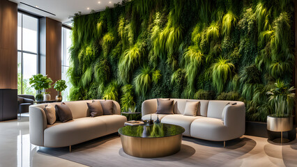 A boutique hotel lobby with a living green wall inviting guests to relax and unwind, biophilic interior design