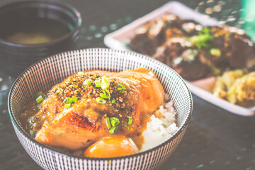 Aburi Grilled Salmon Rice  Bowl Spicy Miso Sauce with onsen half boiled egg
