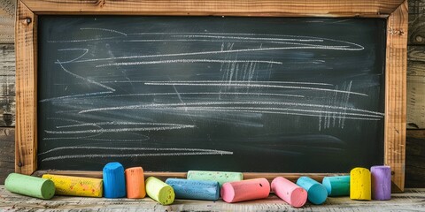 Classroom Chalkboard with Rainbow Chalk Pieces in Front