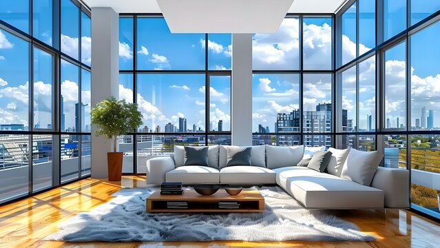 Modern penthouse living room with large windows perfect Zoom background. Concept Modern Living Room, Penthouse Design, Large Windows, Zoom Background