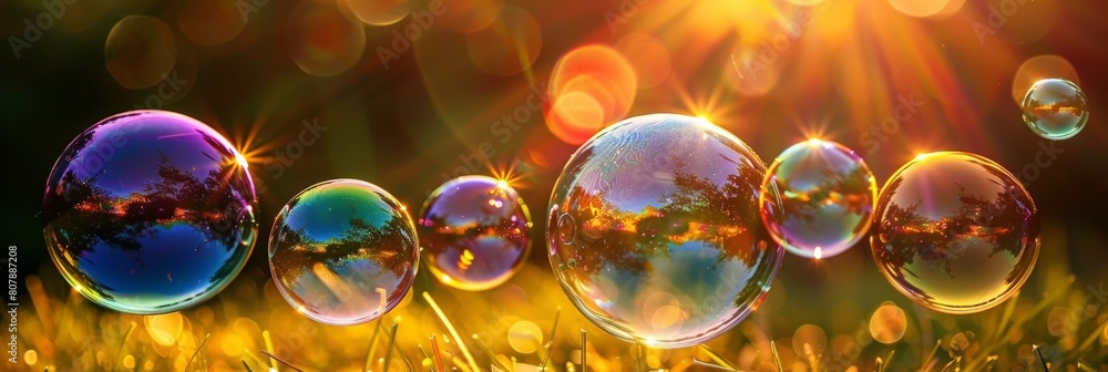 Poster soap bubbles float in lush green grass with the sun shining through them, creating a beautiful and m