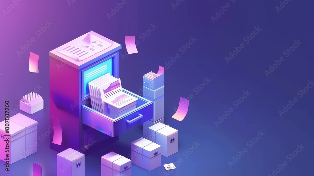Poster isometric document management landing page, digital paper storage system, manage business documents 