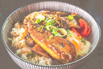 grilled Pork Cheek and Foie Gras rice Bowl with onsen soft boil egg