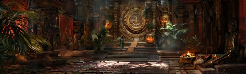 Fototapeta premium Very large room with a lot of plants and a statue. Mystical background 