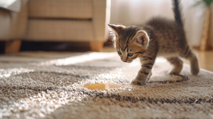 The kitten got the carpet wet. A stain on the floor.