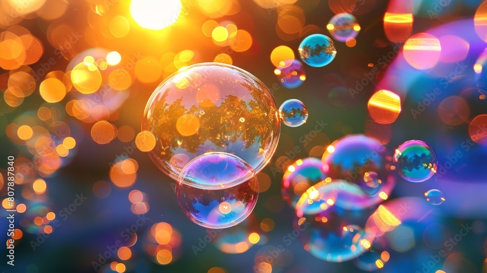 Poster soap bubbles float gracefully in the air against a backdrop of the setting sun, creating a mesmerizi