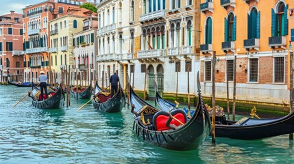 Fototapeta na wymiar A fleet of traditional wooden gondolas gliding along the historic canals of Venice,Italy
