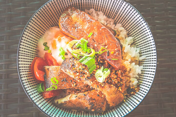 grilled Pork Cheek and Foie Gras rice Bowl with onsen soft boil egg