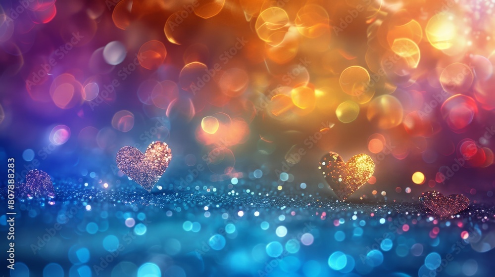 Aufkleber Two red hearts are placed on a blue background scattered with bokeh lights, creating a festive and romantic atmosphere