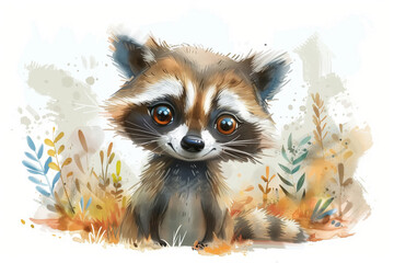 A cute raccoon is depicted sitting in green grass in this hand-drawn illustration done in childrens drawing style. The furry animal is the focal point of the painting against simple grassy background