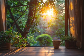 Fototapeta premium On a wooden terrace, potted plants thrive amid lush greenery, basking in the beauty of nature's embrace.