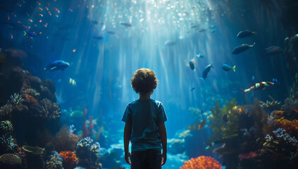 A kid enjoys the colorful oceanarium, marveling at tropical fish in the underwater world.