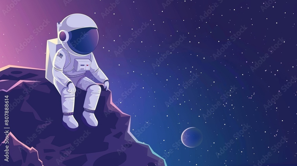 Poster space missions banner with cosmonaut in spacesuit and helmet on alien planet in far galaxy. modern h
