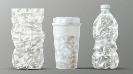 An empty 3d modern mockup of a crumpled plastic water bottle and mug, as well as a Tupperware mug and flask. An empty plastic container for beverages is isolated on a transparent background.