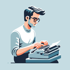 cartoon illustration of a man typing on a classic typewriter