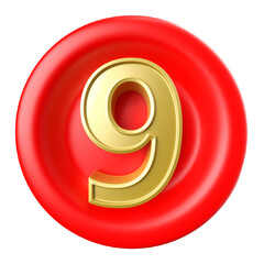 9 number gold on shape round red 3d render