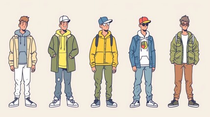 A cartoon drawing of a group of men wearing different clothes, AI