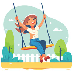 illustration of a happy woman swinging on a swing set