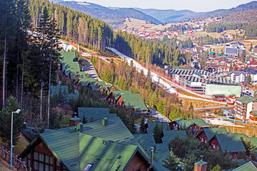 modern building complex in a mountainous area, a ski resort. Landscape design