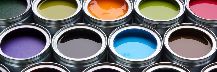 Fototapeta premium Assorted paint cans in different vibrant colors arranged together on a surface