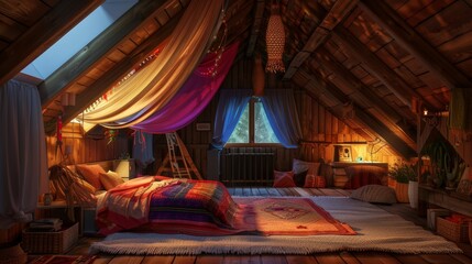 A boho bedroom on an attic at night