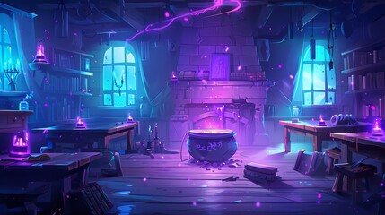 Obraz premium The magic school classroom at night with the cauldron