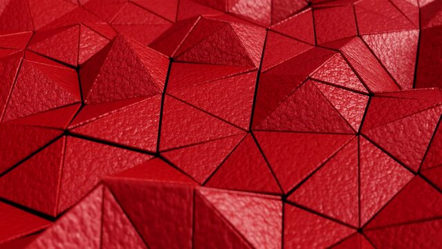 Realistic DOF camera looping abstract 3D animation of the moving red leather solid triangles pattern rendered in UHD as motion background