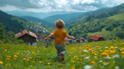 A young boy energetically runs through a vibrant field of blooming flowers