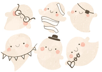 Set of hand drawn ghosts elements. Isolated illustration with spirit.  Childish watercolor illustration for Halloween. Cartoon