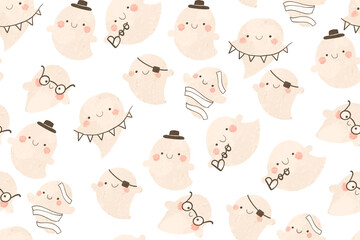 Seamless pattern with cartoon ghosts. Ghosts are cute. Halloween background. Cartoon design
