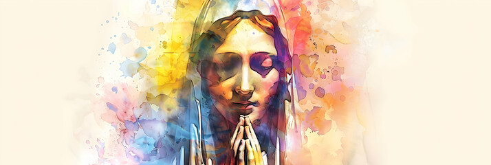 Our Lady Virgin Mary,  multicolor colorful watercolor illustration graphic Madonna, Mother of God silhouette, decorative religious icon, clipart decoration