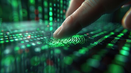 Finger pressing on a fingerprint scanner. The background is a green circuit board. Cyber security and technology.