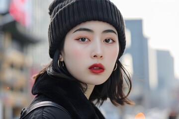 beautiful korean girl wearing streetwear in town on bokeh style background