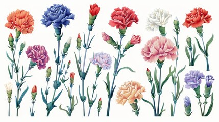 botanical illustration of carnation flowers in various shades of pink, purple, white, and red, arranged in a row with a green leaf in the foreground