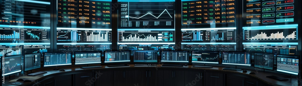Poster monitors global data on large screens in a modern control room, focusing on information and analytic