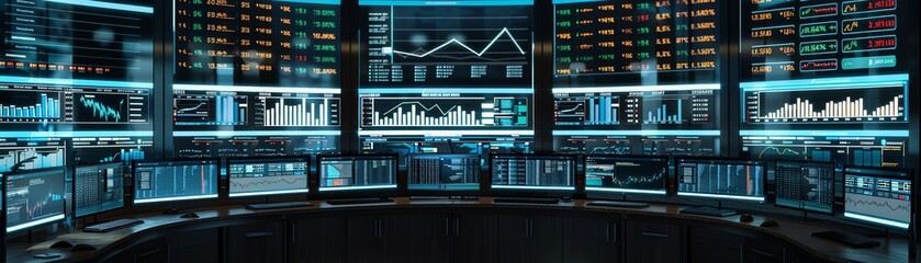 Fototapeta premium monitors global data on large screens in a modern control room, focusing on information and analytics.