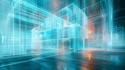 A holographic wireframe of a building viewed by a professional engineer. Concept Architectural Visualization, Engineering Design, 3D Modeling, Holographic Technology