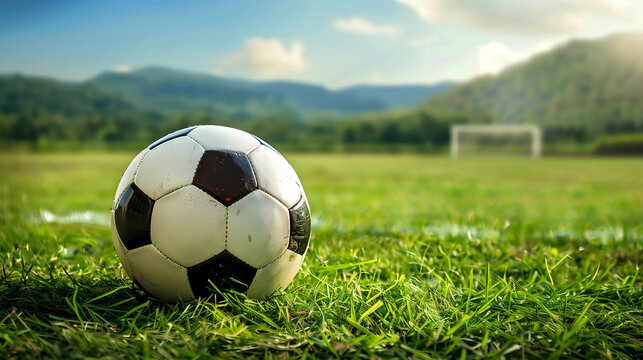 fussball liegt auf dem gr&uuml;nen rasen des fussballplatzes
