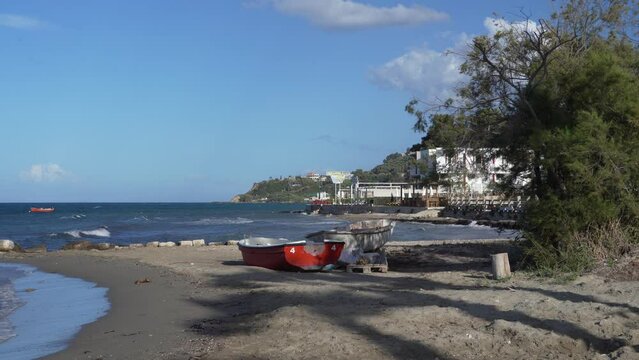 boats on the shore and beach of ARgassi , Zakynthos